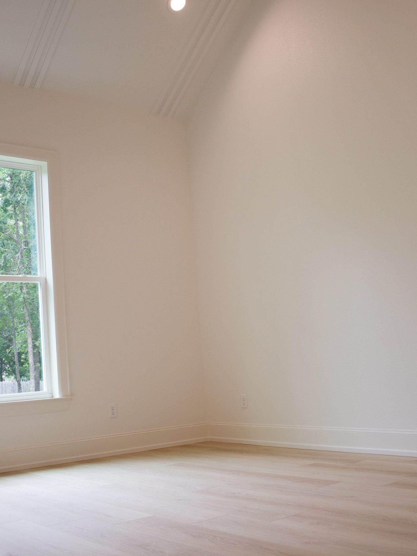 Primary bedroom with a vaulted ceiling, tall window looking onto trees, and light wood-look flooring.