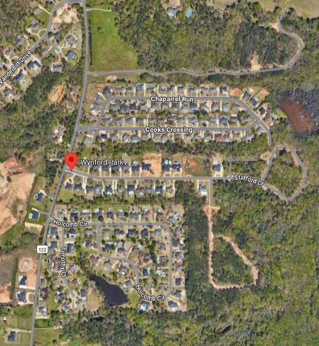 The Wynford Park site plan showing homesites, community roads, and green buffers.